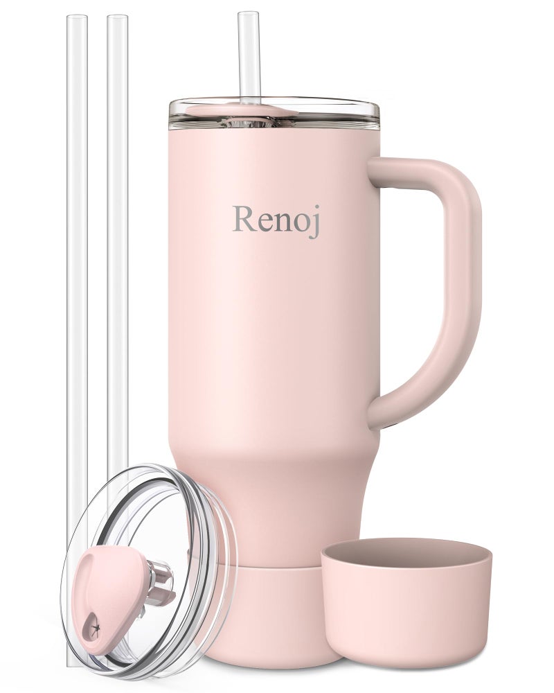 Renoj Insulated Mug 100% Spill Resistant Insulated Water Bottle for Iced Coffee & Hot Drinks - Fits Car Cup Holder, Ideal Gift, 2 Straws & Silicone Boot - FlexSlide Light Pink 32 oz - Image 1