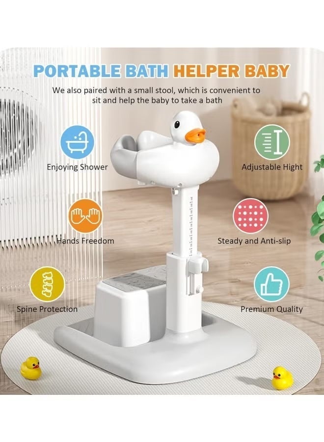 MHONGWEI Baby Shower Stand, 360° Adjustable Height Anti Slip Base Foldable Baby Bath Shower Stand with Duck Sound, Bath Support for Toddler Infants Bathing Safety Ideal Gift (Gray White) - Image 2
