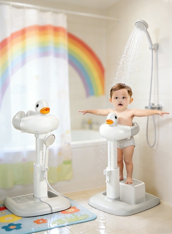 MHONGWEI Baby Shower Stand, 360° Adjustable Height Anti Slip Base Foldable Baby Bath Shower Stand with Duck Sound, Bath Support for Toddler Infants Bathing Safety Ideal Gift (Gray White) - Image 3