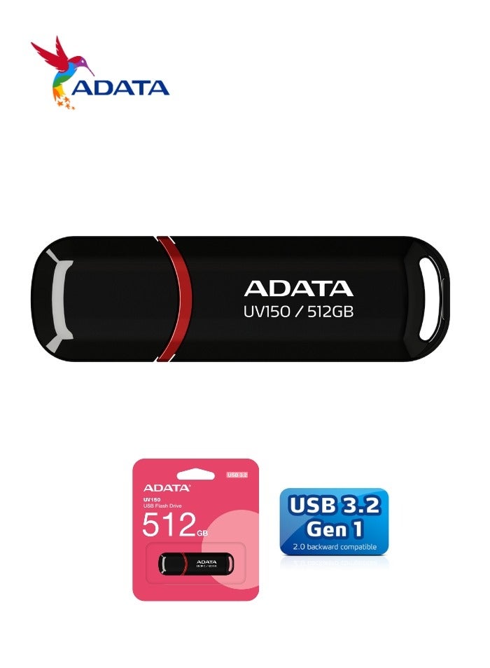ADATA UV150 Classic 512GB USB 3.2 Flash Drive | Lightweight and Fast Data Transfer | Black - Image 1