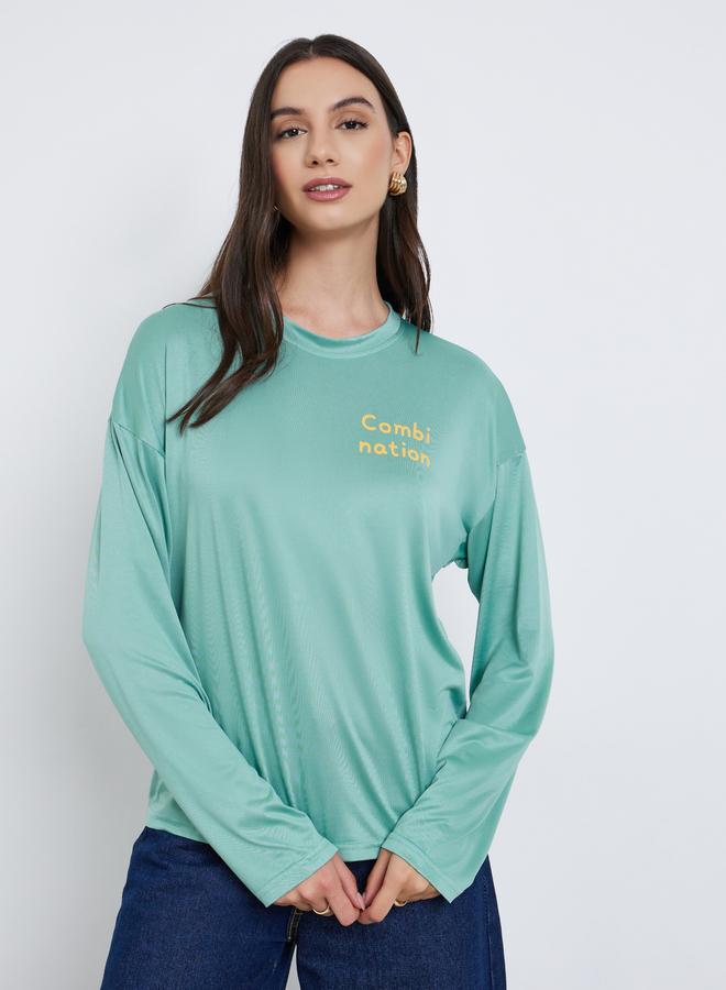 Styli Women Green Slogan Print Long Sleeve T-Shirt - Image 1