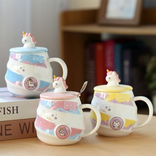 Spooky Unicorn Ceramic Mug with Lid and Spoon – 400ml Cartoon Coffee Cup for Kids, Girls & Women – Gift for Birthday, Office, Christmas, Valentine's Day – Ins-Style Animal Tea Mug (Blue) - Image 2