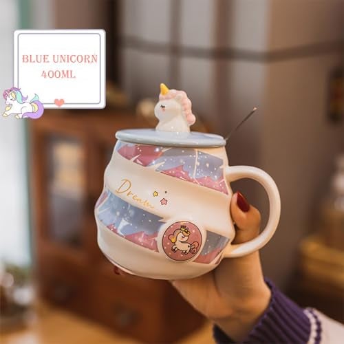 Spooky Unicorn Ceramic Mug with Lid and Spoon – 400ml Cartoon Coffee Cup for Kids, Girls & Women – Gift for Birthday, Office, Christmas, Valentine's Day – Ins-Style Animal Tea Mug (Blue) - Image 5