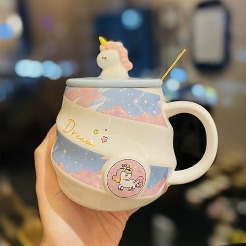 Spooky Unicorn Ceramic Mug with Lid and Spoon – 400ml Cartoon Coffee Cup for Kids, Girls & Women – Gift for Birthday, Office, Christmas, Valentine's Day – Ins-Style Animal Tea Mug (Blue) - Image 1