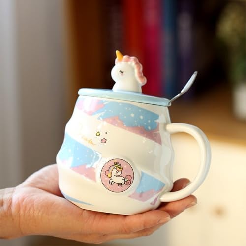 Spooky Unicorn Ceramic Mug with Lid and Spoon – 400ml Cartoon Coffee Cup for Kids, Girls & Women – Gift for Birthday, Office, Christmas, Valentine's Day – Ins-Style Animal Tea Mug (Blue) - Image 3