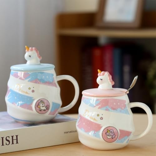 Spooky Unicorn Ceramic Mug with Lid and Spoon – 400ml Cartoon Coffee Cup for Kids, Girls & Women – Gift for Birthday, Office, Christmas, Valentine's Day – Ins-Style Animal Tea Mug (Blue) - Image 4