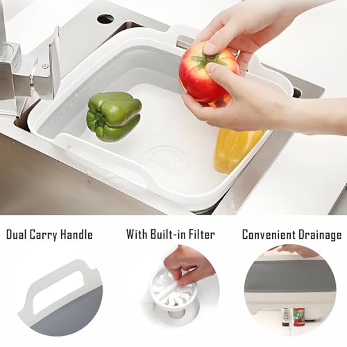 Craftend Collapsible Dish Basin with Drain Plug, 9L 2.4 Gallon Portable Wash Basin Dishpan Space Saving Dish Washing Tub Foldable Sink Tub Kitchen Storage Tray Grey - Image 3