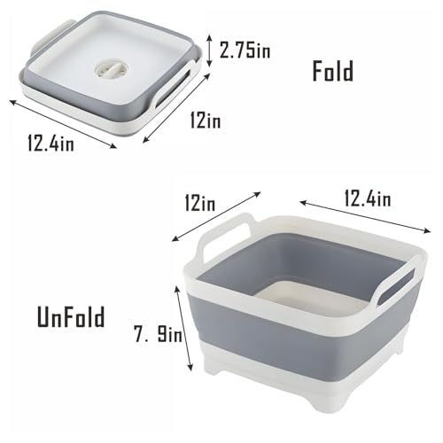Craftend Collapsible Dish Basin with Drain Plug, 9L 2.4 Gallon Portable Wash Basin Dishpan Space Saving Dish Washing Tub Foldable Sink Tub Kitchen Storage Tray Grey - Image 2