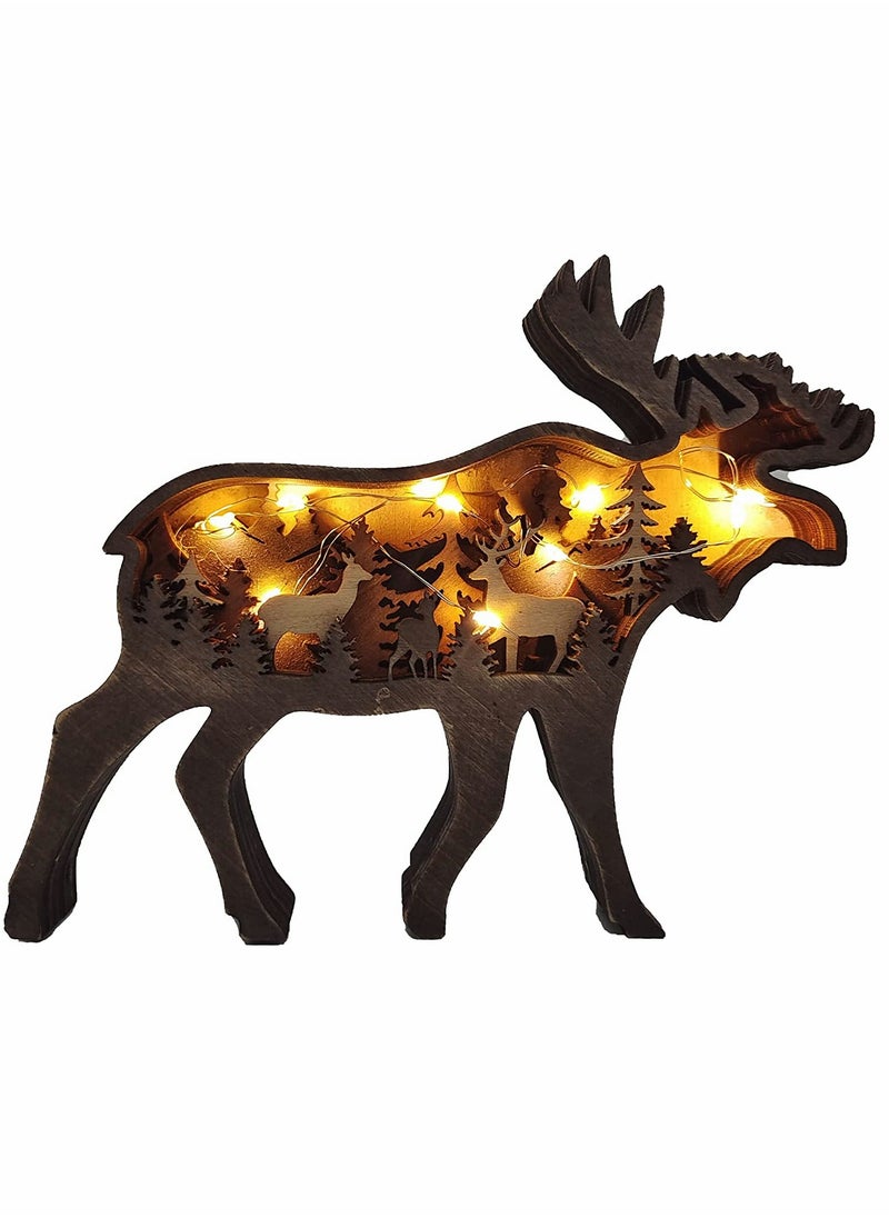 SYOSI - Deer Statues, Wooden Wall Art Décor, Lighted DIY LED, Shelf Decorations, Hunting Forest Décor Cabin for Home & Office, Animals Shaped Collection Wildlife Gift (Elk) - Image 1