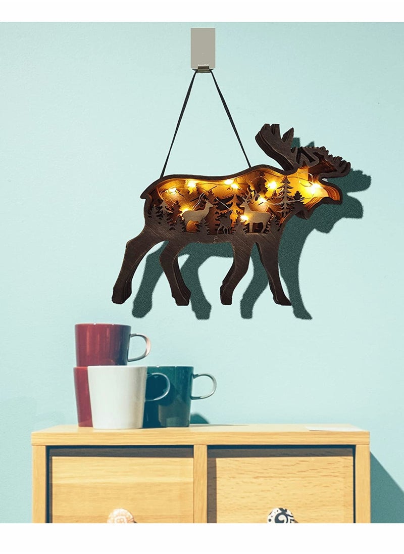 SYOSI - Deer Statues, Wooden Wall Art Décor, Lighted DIY LED, Shelf Decorations, Hunting Forest Décor Cabin for Home & Office, Animals Shaped Collection Wildlife Gift (Elk) - Image 1
