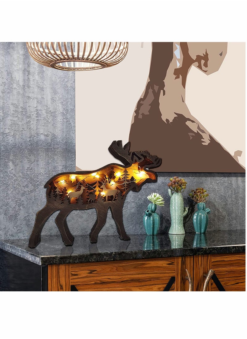 SYOSI - Deer Statues, Wooden Wall Art Décor, Lighted DIY LED, Shelf Decorations, Hunting Forest Décor Cabin for Home & Office, Animals Shaped Collection Wildlife Gift (Elk) - Image 1