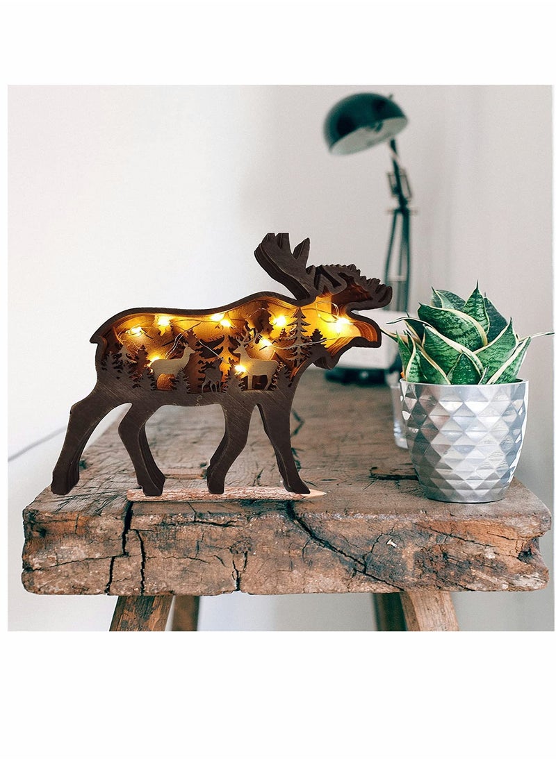 SYOSI - Deer Statues, Wooden Wall Art Décor, Lighted DIY LED, Shelf Decorations, Hunting Forest Décor Cabin for Home & Office, Animals Shaped Collection Wildlife Gift (Elk) - Image 1