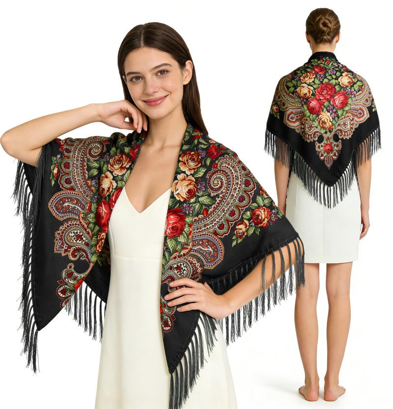 SmilerSmile Russian Style Muffler Warm Scarf with Tassel Women's Traditional Scarf Wrap Shawl Fringes Printing Cape (Black) - Image 1