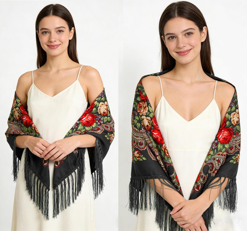 SmilerSmile Russian Style Muffler Warm Scarf with Tassel Women's Traditional Scarf Wrap Shawl Fringes Printing Cape (Black) - Image 2