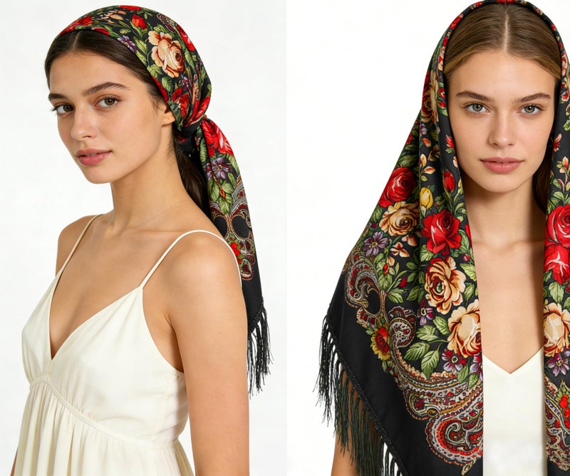 SmilerSmile Russian Style Muffler Warm Scarf with Tassel Women's Traditional Scarf Wrap Shawl Fringes Printing Cape (Black) - Image 5