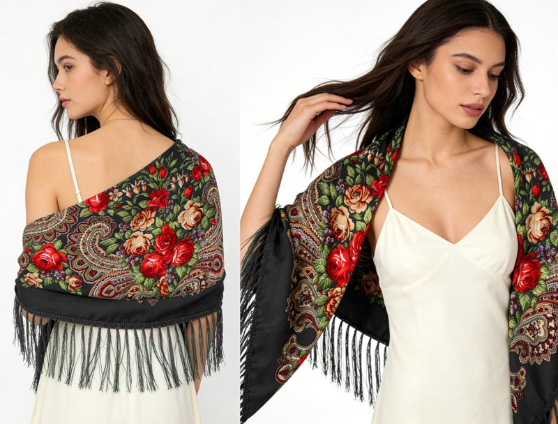 SmilerSmile Russian Style Muffler Warm Scarf with Tassel Women's Traditional Scarf Wrap Shawl Fringes Printing Cape (Black) - Image 3