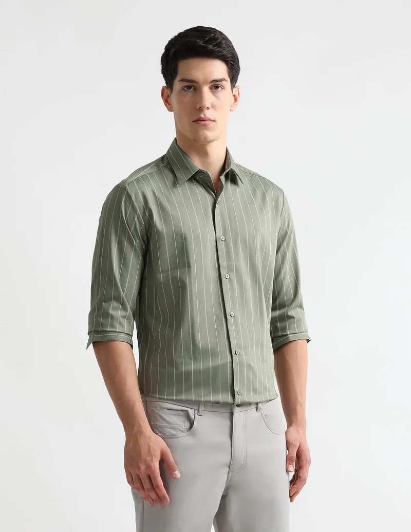 Arrow Green Vertical Striped Manhattan Slim Fit Shirt for Men | Best Price UAE
