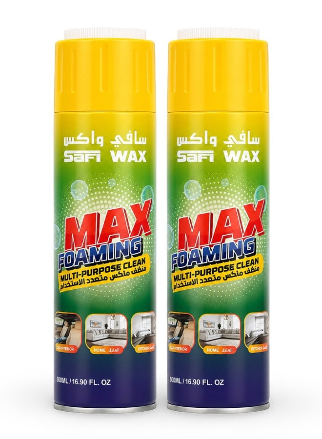 Safi WAX 2PCS Safi Wax Max Foaming Multi-Purpose Cleaner 500ML, Foam Cleaning Spray for Car Interior, Fabric, Upholstery, Sofa, Carpet, Kitchen & Home Surfaces, Stain Dirt Grease Cleaning Foam with Brush Cap - Image 1