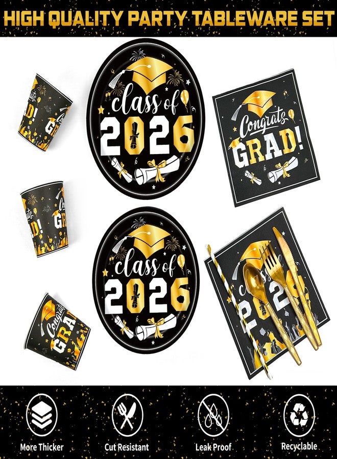 LAIAMER 194 Pcs Graduation Paper Plates & Napkins 2026,Class of 2026 Plates & Napkins Grad Dinnerware Disposable Including Cup Straw Plastic Cutlery Banner Tablecloth for Graduation Party Supplies - Image 5