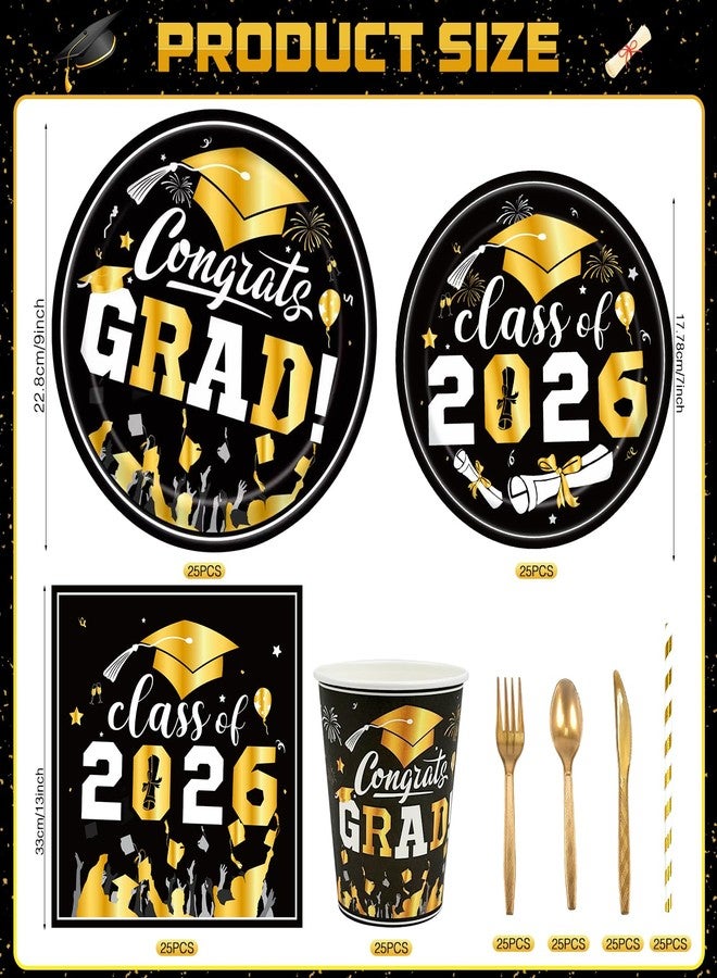 LAIAMER 194 Pcs Graduation Paper Plates & Napkins 2026,Class of 2026 Plates & Napkins Grad Dinnerware Disposable Including Cup Straw Plastic Cutlery Banner Tablecloth for Graduation Party Supplies - Image 2