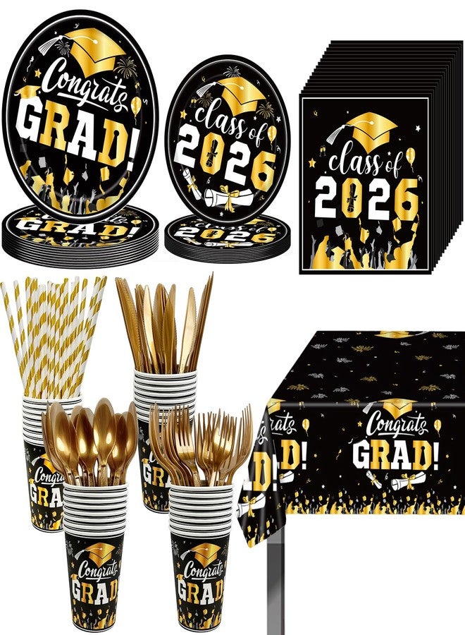 LAIAMER 194 Pcs Graduation Paper Plates & Napkins 2026,Class of 2026 Plates & Napkins Grad Dinnerware Disposable Including Cup Straw Plastic Cutlery Banner Tablecloth for Graduation Party Supplies - Image 1