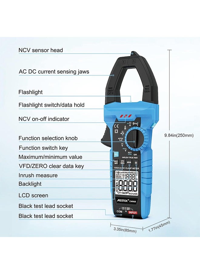 MESTEK - Inrush Clamp Meter MESTEK 1000A True RMS AC/DC Current Amp Meter, Multimeter Voltage Tester 6000 Counts, VFD, LOZ Mode, Measures Current Voltage Temperature CapaInrush Clamp Meter MESTEK 1000A True RMS AC/DC Current Amp Meter, Multimeter Voltage Tester 6000 Counts, VFD, LOZ Mode, Measures Current Voltage Temperature Capacitance Resistance Diodes Continuitycitance Resistance Diodes Continuity - Image 1