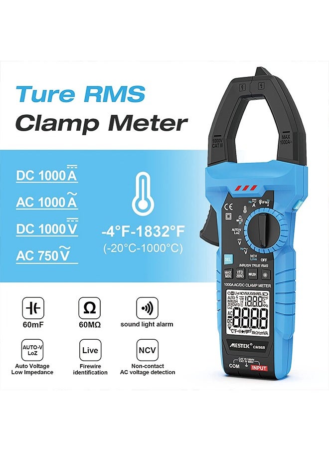 MESTEK - Inrush Clamp Meter MESTEK 1000A True RMS AC/DC Current Amp Meter, Multimeter Voltage Tester 6000 Counts, VFD, LOZ Mode, Measures Current Voltage Temperature CapaInrush Clamp Meter MESTEK 1000A True RMS AC/DC Current Amp Meter, Multimeter Voltage Tester 6000 Counts, VFD, LOZ Mode, Measures Current Voltage Temperature Capacitance Resistance Diodes Continuitycitance Resistance Diodes Continuity - Image 1