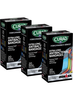 CURAD CURAD Performance Series IRONMAN Antibacterial Bandages, Extreme Hold Adhesive Technology, Extra Long Flexible Fabric Bandages for Cuts, Scrapes & Burns, Assorted Colors, 0.75 x 4.75 inches, Pack of 3 