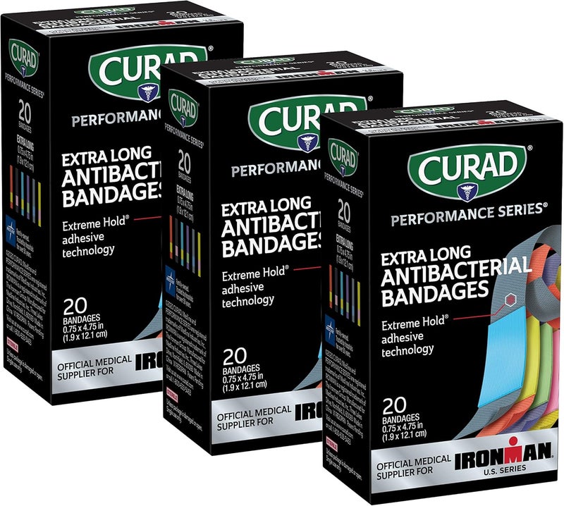ضمادات CURAD Performance Series IRONMAN المضادة للبكتيريا، تقنية لاصقة قوية، ضمادات قماشية مرنة طويلة جداً للجروح والخدوش والحروق، ألوان متنوعة، 0.75 × 4.75 بوصة، عبوة من 3