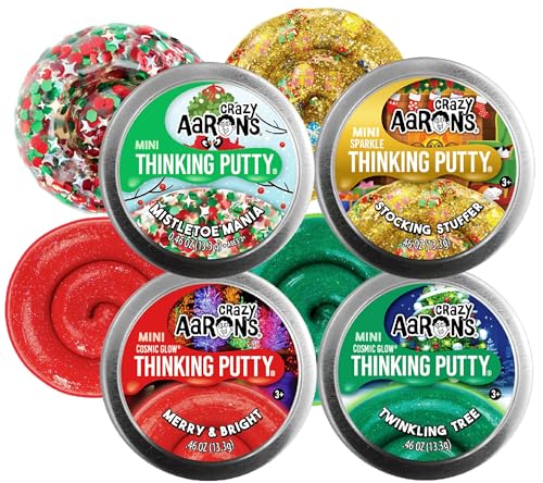 Matty's Toy Stop Crazy Aaron's Putty Mini Tins 2023 Holiday (Christmas) Set with Merry & Bright (Cosmic Glow), Stocking Stuffer (Sparkle), Twinkling Tree (Cosmic Glow) and Mistletoe Mania - 4 Pack (.46oz Each) - Image 1