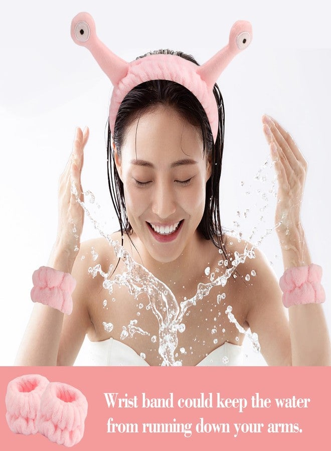 SuPoo 9 Pcs Skincare Headbands Snail Spa Headband and Wristband Set Alien Pink Face Wash Wristbands Cute Makeup Hair Band for Washing Face Wrap Head Towel Wrist Towels for Shower - Image 3