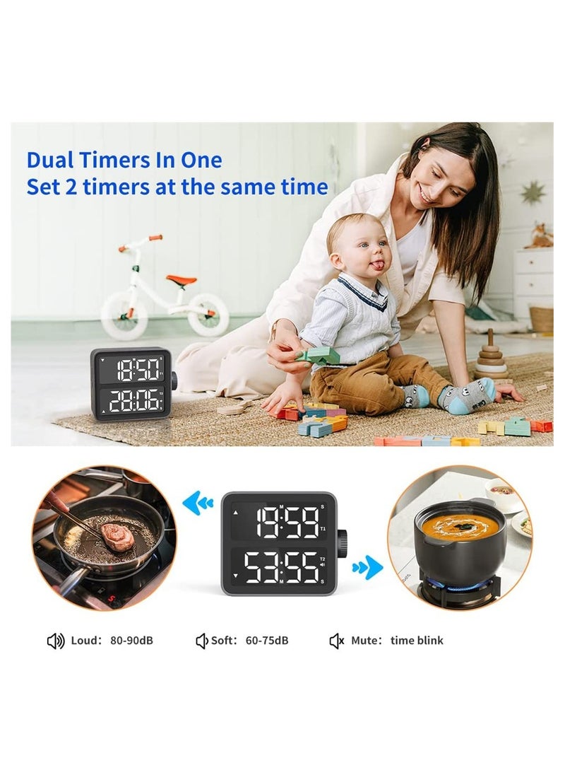 KASTWAVE Dual Kitchen Timer, Dual Channels Countdown Stopwatch with LED Display, Adjustable Volume and Brightness, Magnetic Digital Timer for Cooking, School, Classroom  - Image 4