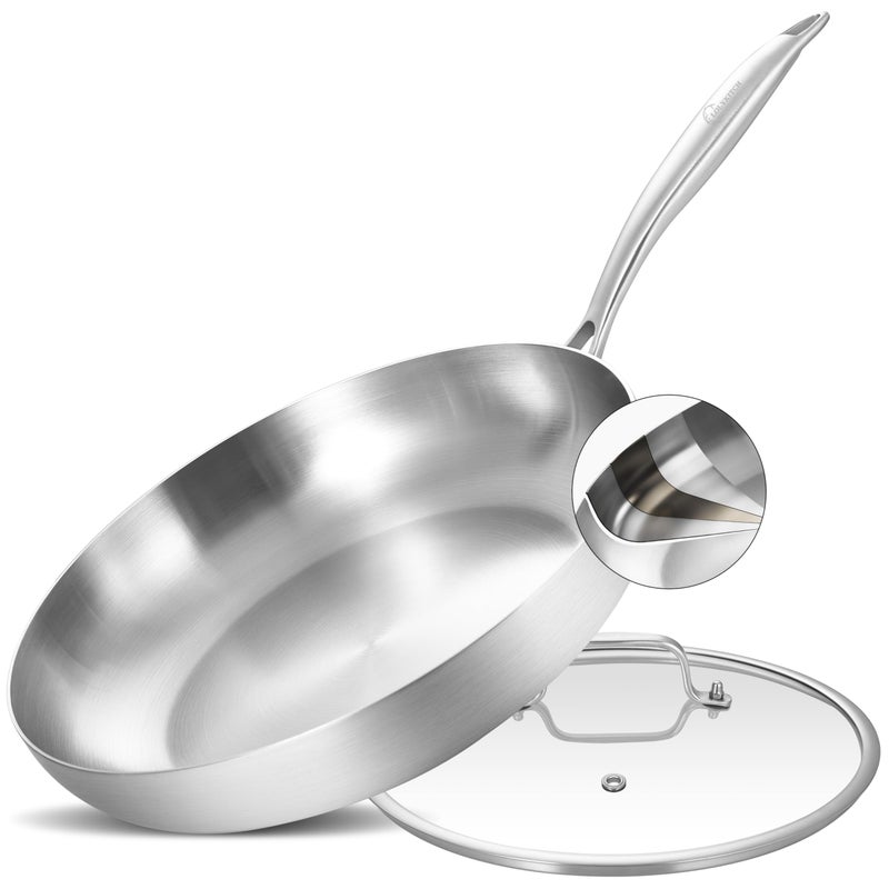 LOLYKITCH 12 Inch Tri-Ply Stainless Steel Frying Pan with Lid,Skillet,Induction Cooking Pan,Oven Safe and Detachable Handle - Image 1