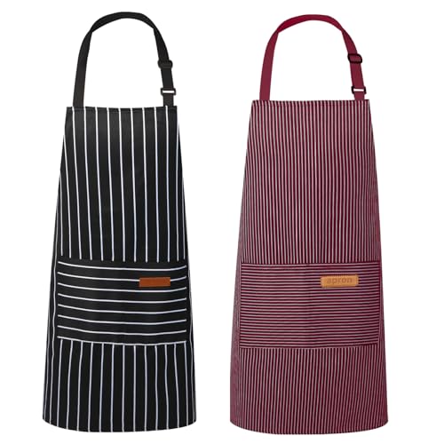 VALOME 2 Pack Kitchen Aprons Apron for Cooking with 2 Pockets Unisex Adjustable Neck Strap Chef Aprons for Men Women BLACK RED - Image 1