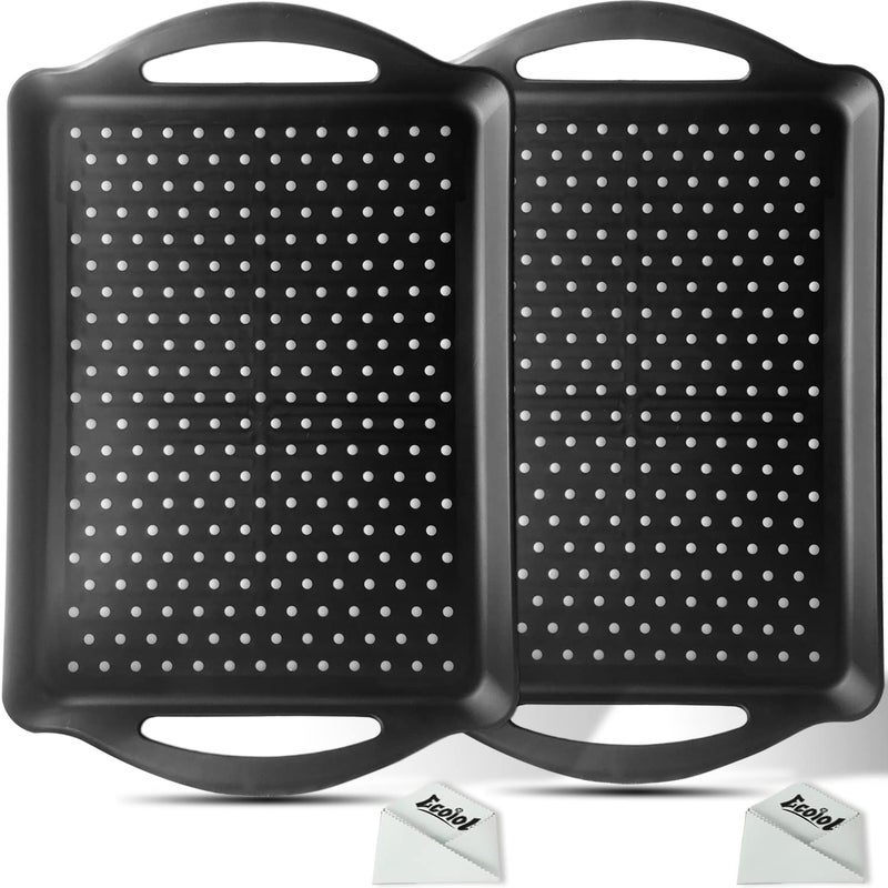 ECOIOU Non Slip Food Serving Tray with Handles 2Pack Rectangle AntiSlip NonToxic Dishwasher Safe Tray for Snack Fruit Dessert Breakfast Drink Black