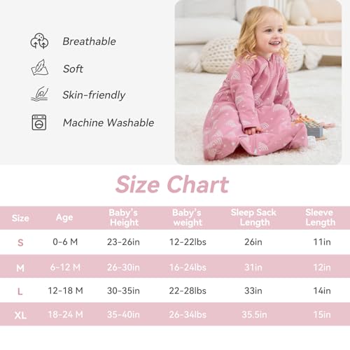 FIEMOL Baby Sleep Sack 6-12 Months, Long Sleeve Baby Wearable Blanket 0.5 Tog with Mittens, 2-Way Zipper Infant Cotton Sleeping Sack for Boy and Girl Pink Rainbow 2 Pack (Medium) - Image 4