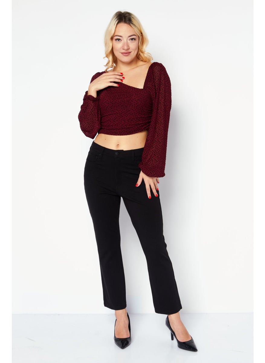 Endless Blu - Women Asymmetrical Neck Long Sleeves Micro Dots Blouse, Burgundy - Image 1