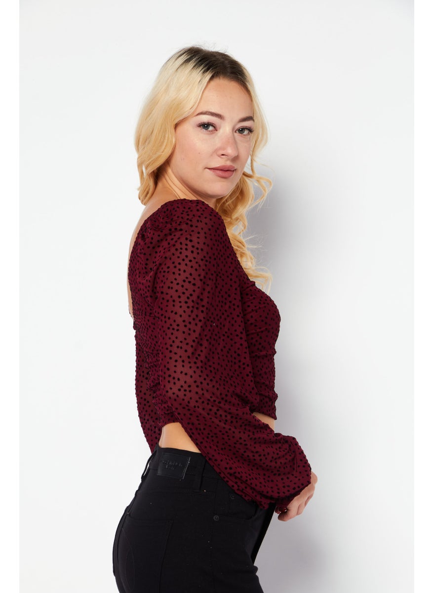 Endless Blu - Women Asymmetrical Neck Long Sleeves Micro Dots Blouse, Burgundy - Image 1