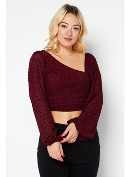 Women Asymmetrical Neck Long Sleeves Micro Dots Blouse, Burgundy
