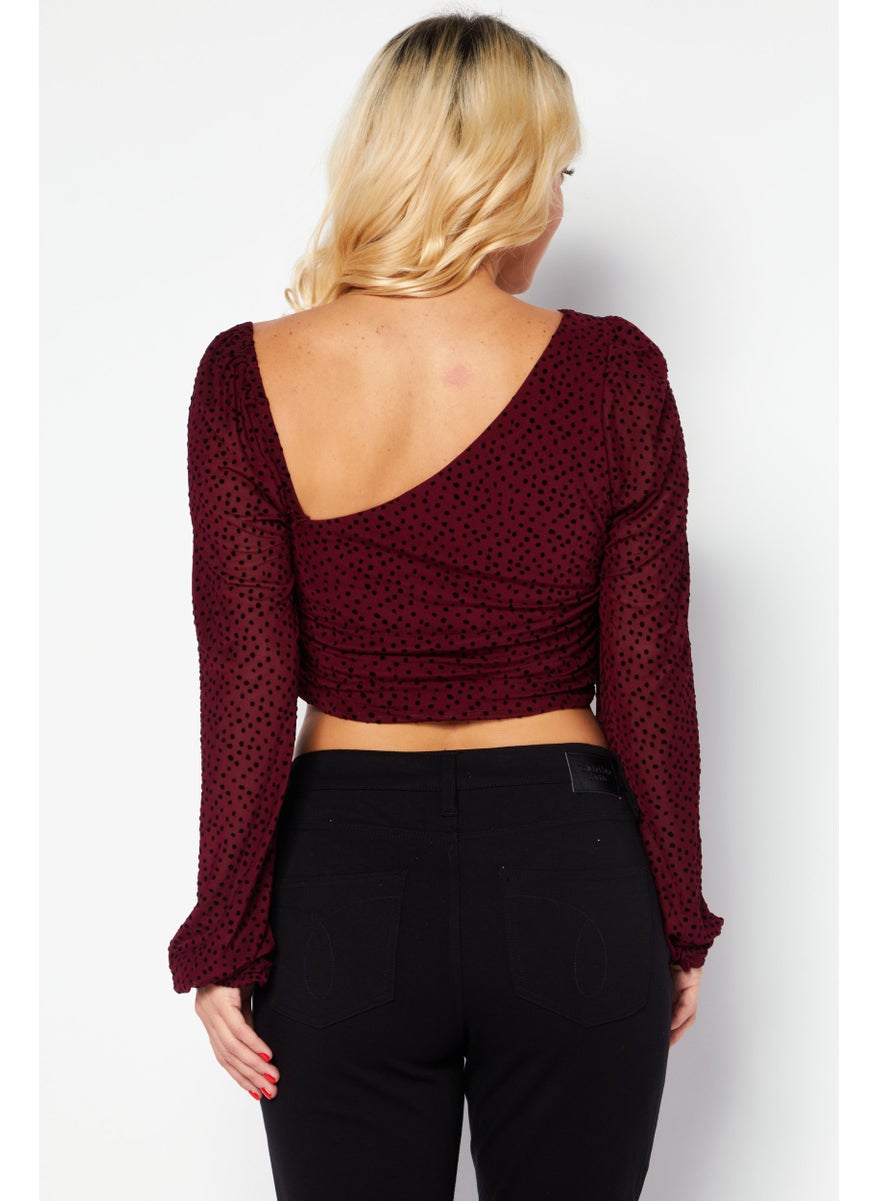 Endless Blu - Women Asymmetrical Neck Long Sleeves Micro Dots Blouse, Burgundy - Image 1