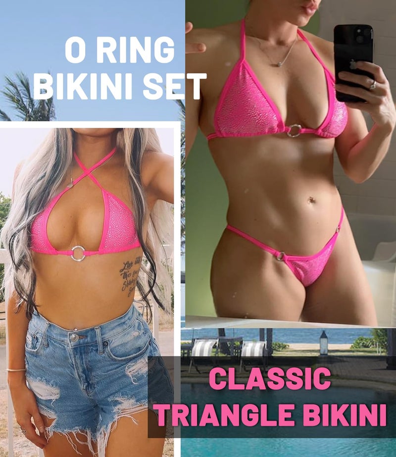 Balasami Women's Sparkly Rhinestone Halter Triangle O Ring Top String Thong High Cut Bottom 2 Pieces Bikini Swimsuit Set - Image 5