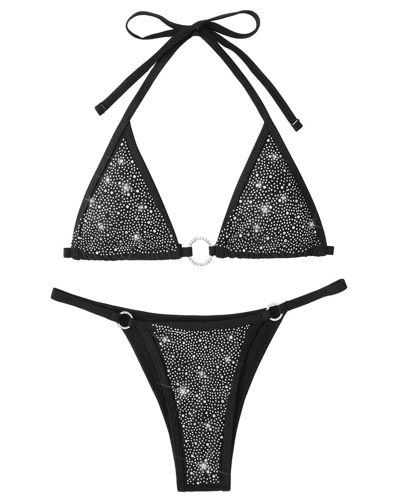 Balasami Women's Sparkly Rhinestone Halter Triangle O Ring Top String Thong High Cut Bottom 2 Pieces Bikini Swimsuit Set - Image 4