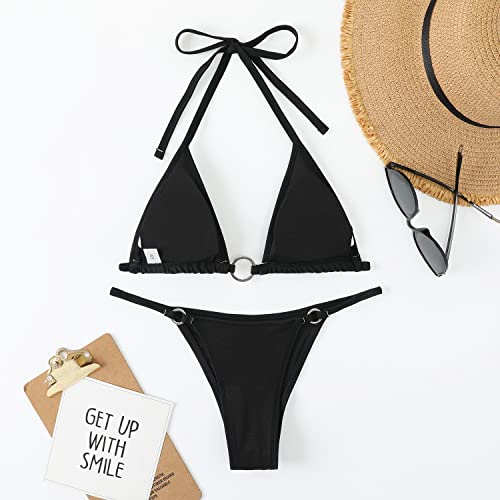 Balasami Women's Sparkly Rhinestone Halter Triangle O Ring Top String Thong High Cut Bottom 2 Pieces Bikini Swimsuit Set - Image 2