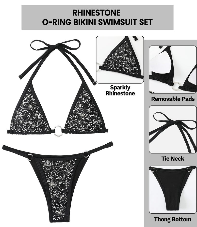 Balasami Women's Sparkly Rhinestone Halter Triangle O Ring Top String Thong High Cut Bottom 2 Pieces Bikini Swimsuit Set - Image 3