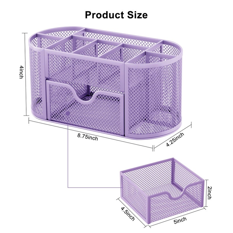 EasyPAG Mesh Pen Holder Desk Organizer with Drawer Stationery Supplies Organizer for Dorm School 9 Compartments Workspace Desk Accessories Organization for Office, Light Purple - Image 5