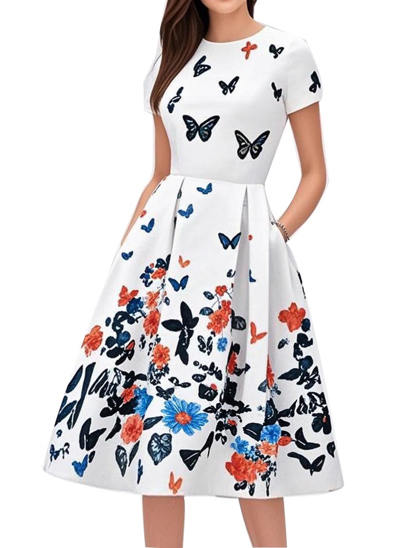 oxiuly Women's Casual Swing Dress with Pockets Elegant Work Party Vintage Dress OX165 (White hudie, XXL) - Image 1