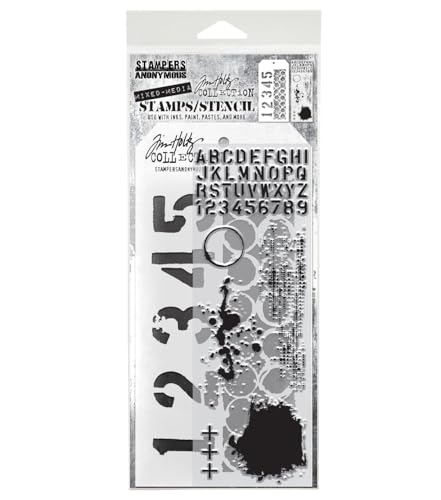Tim Holtz Collection Stampers Anonymous Tim Holtz Numbers Alphabet Textures Mixed Media Stamp and Stencil Set THMM122 - Image 1