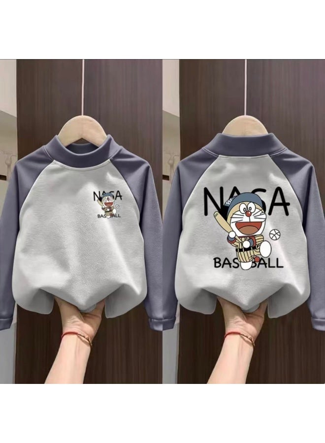 Children's Velvet Base Layer Shirt Winter Warm Top Trendy Autumn & New Style Boys Girls Raglan Splicing Long Sleeve T-shirt - Image 1