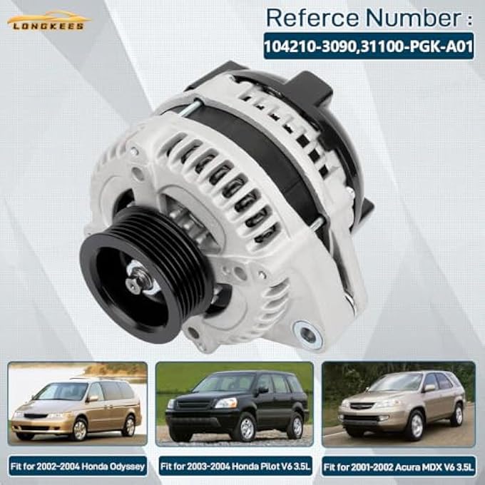 LONGKEES 13918 Alternator FIT 20022004 Honda Odyssey, 20032004 Pilot, 20012002 Acura MDX V6 3.5L 12V 130A 6-Groove Pulley Replace OE# 104210-3090, 31100-PGK-A01 - Image 2