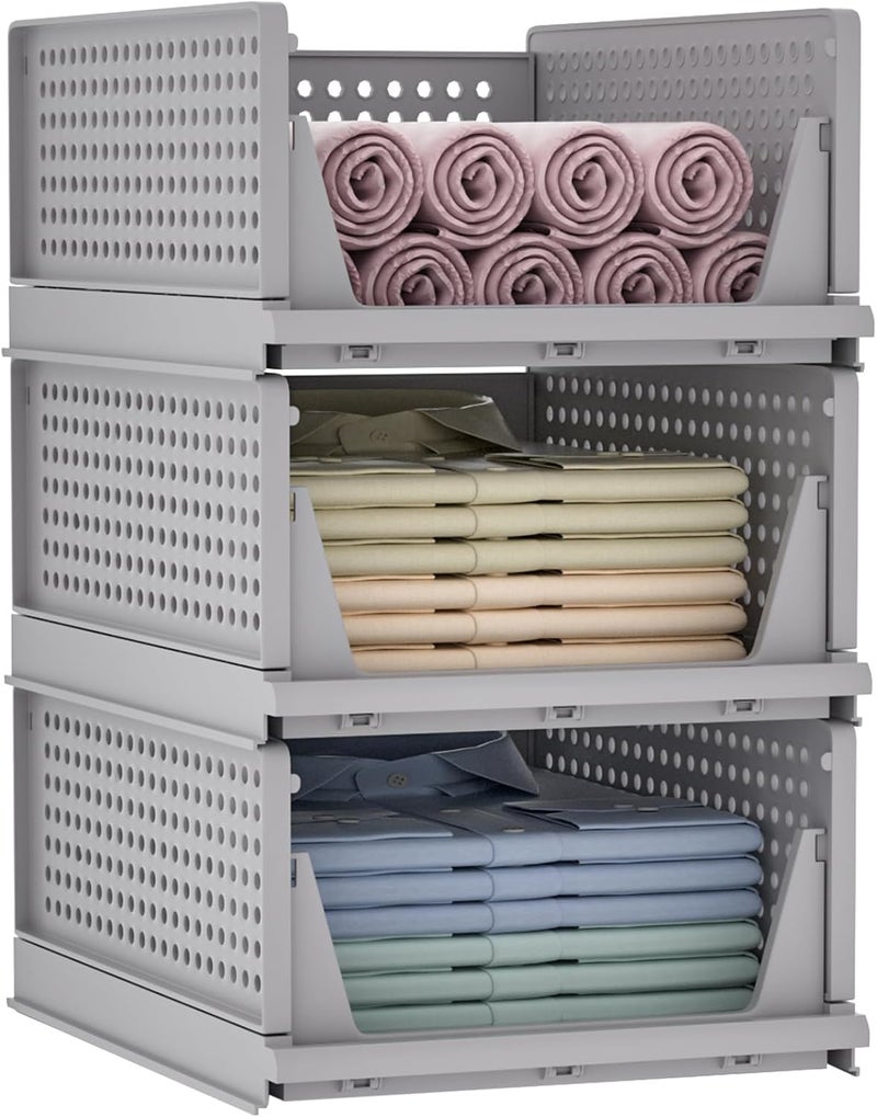 VERAT Plastic Foldable Stackable Organizers Rack Drawer Shelf Storage Container for Home Wardrobe Cupboard 3PC GREY - Image 1
